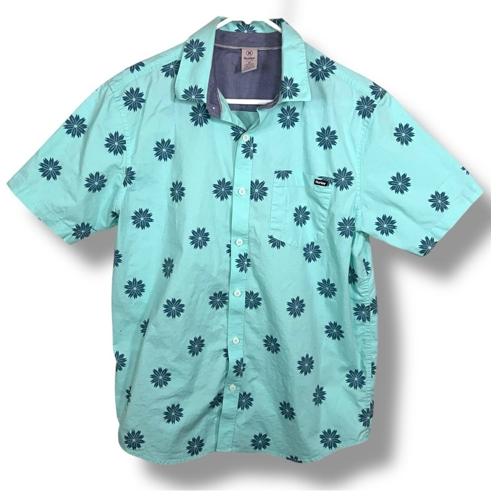 Medium Hurley Mint Blue Short Sleeve Button Up Shirt Mens Surf Style Tropical